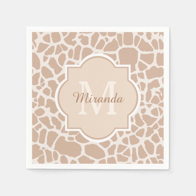 Classy Light Brown Giraffe Print Monogram and Name Napkin (Front)