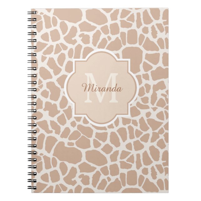 Classy Light Brown Giraffe Print Monogram and Name Notebook (Front)