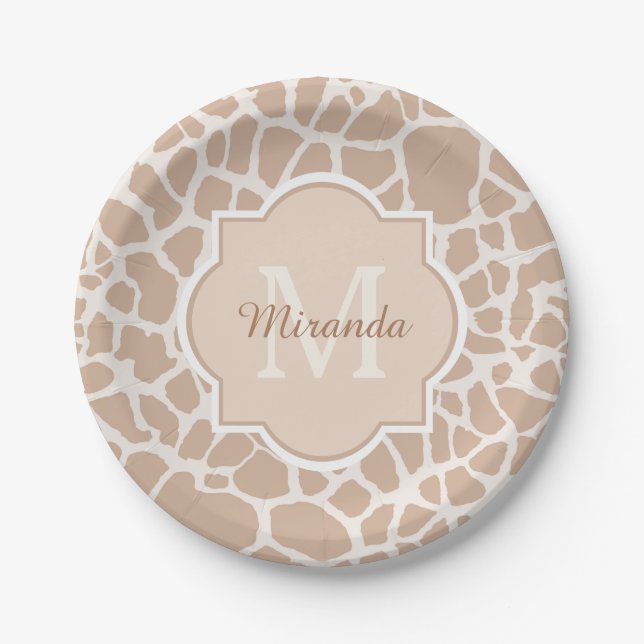 Classy Light Brown Giraffe Print Monogram and Name Paper Plate (Front)