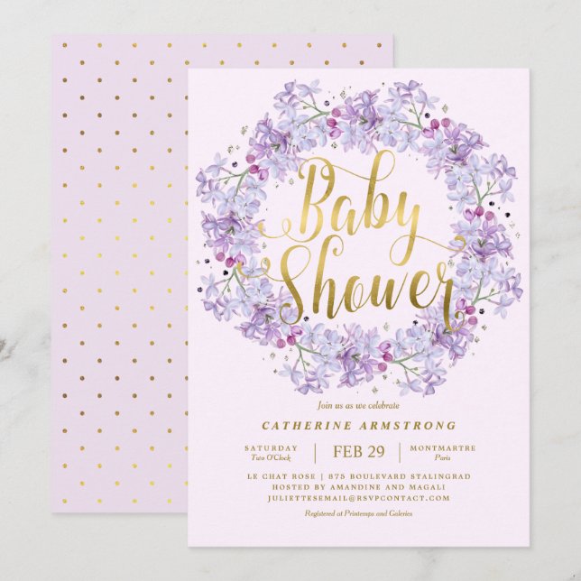 Classy Light Purple Gold Floral Wreath Baby Shower Invitation (Front/Back)