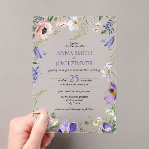 Classy Lilac Lavender Wildflowers Elegant Wedding Acrylic Invitations