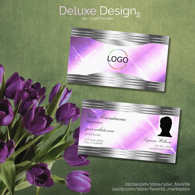 Classy Lilac Silver Shimmer Borders Logo and Photo Business Card (Creator Uploaded)