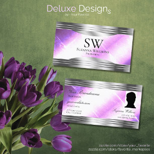 Classy Lilac Silver Shimmer Borders Monogram Photo Business Card