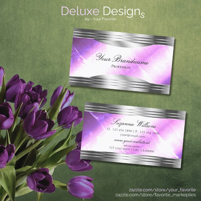 Classy Lilac Silver Shimmer Borders Sophisticated Business Card (Creator Uploaded)