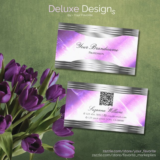 Classy Lilac Silver Shimmer Borders with QR Code Business Card (Creator Uploaded)