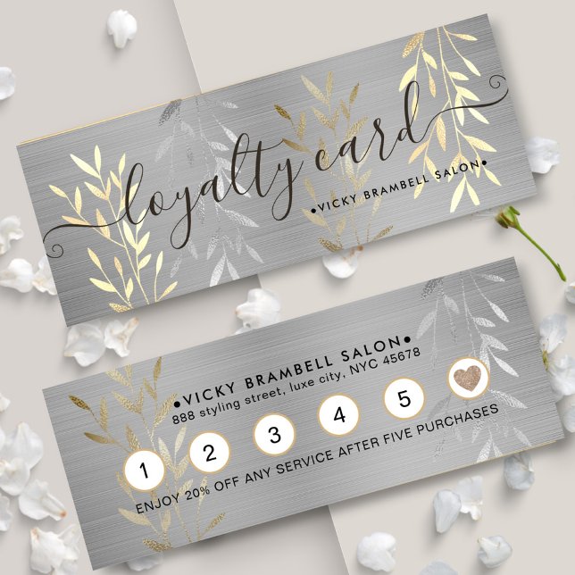 Classy Lux Faux Gold & Silver Leaves Salon Punch Loyalty Card (Classy Luxury Gold & Silver Leaves Salon Punch Loyalty Card)