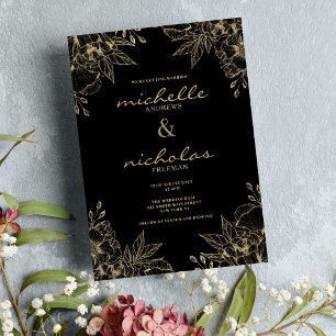 Classy luxury black and gold floral wedding invitation