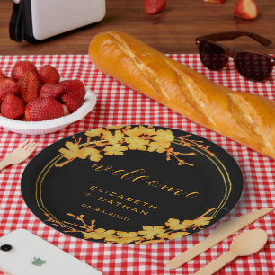 Classy Luxury Black & Gold Floral Welcome Paper Plate