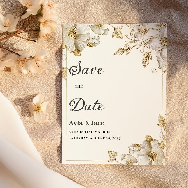 Classy luxury white and gold floral Save the Date Invitation (Classy luxury white and gold floral Save the Date)