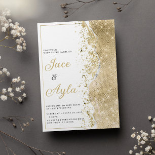 Classy luxury white gold glitter bokech Wedding Invitation