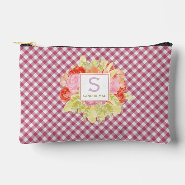 Classy Magenta Red Pink Gingham Check Pattern Accessory Pouch (Front)