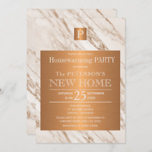 Classy marble copper monogram housewarming party invitation