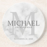 Classy Marble Personalised Groomsmen Coaster<br><div class="desc">Add a personal touch to your wedding with personalised groomsmen coaster. This coaster features personalised groomsman's name with title and wedding date in grey and monogram in light grey as background, in classic serif font style on white marble background. Also perfect for best man, father of the bride, ring bearer...</div>