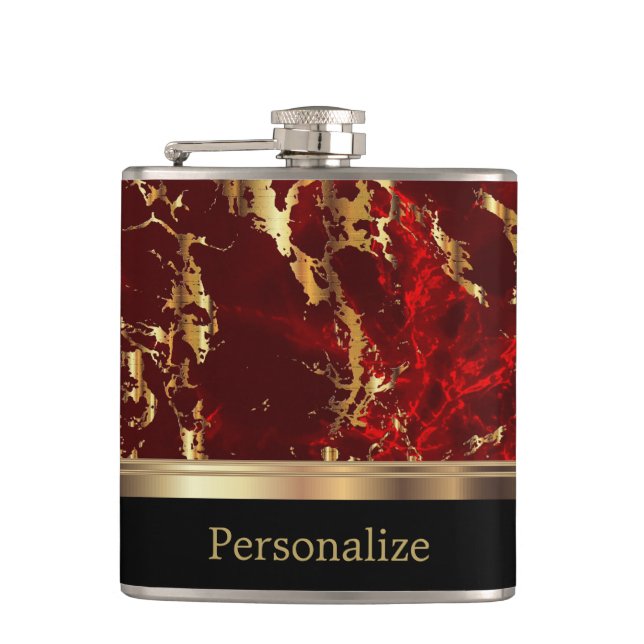Classy Marble Red Stone with Gold Design Hip Flask (Front)