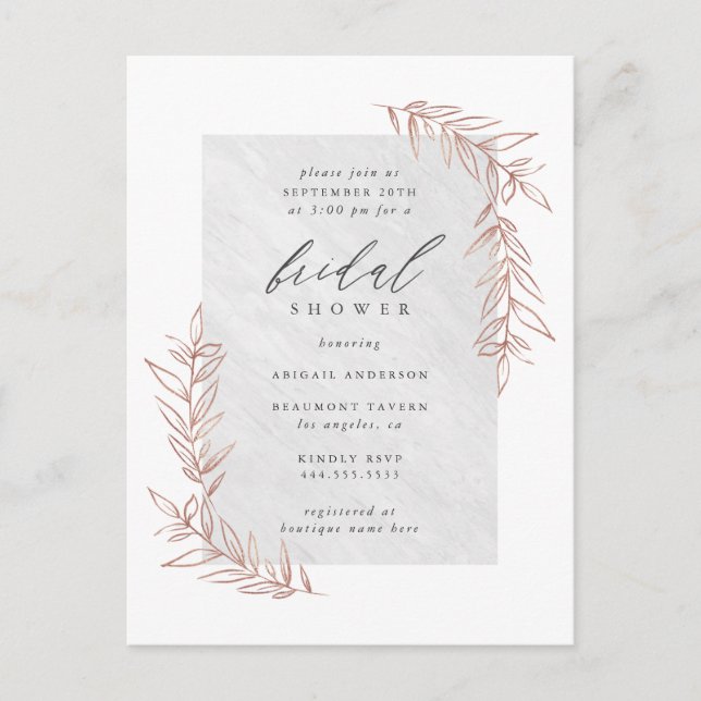 Classy Marble & Rose Gold Branches Bridal Shower Invitation Postcard (Front)