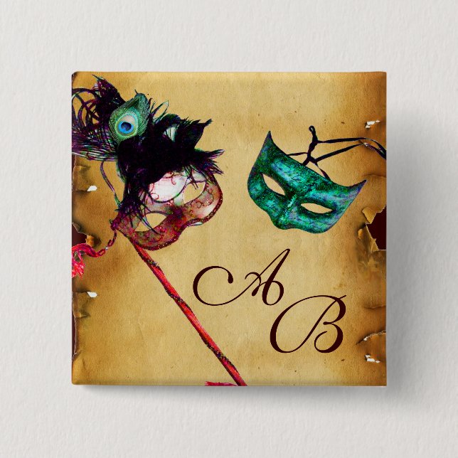 CLASSY MARDI GRAS MASQUERADE PARTY MONOGRAM 15 CM SQUARE BADGE (Front)