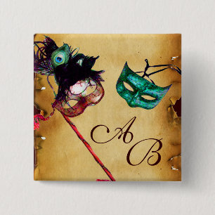 CLASSY MARDI GRAS MASQUERADE PARTY MONOGRAM 15 CM SQUARE BADGE