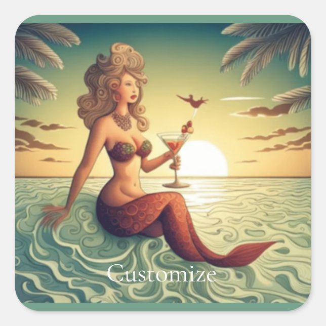 Classy Martini Mermaid Thunder_Cove  Square Sticker (Front)