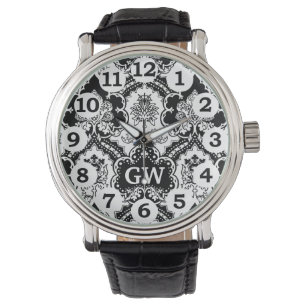 Classy Masculine Black White Damask Monogram Watch