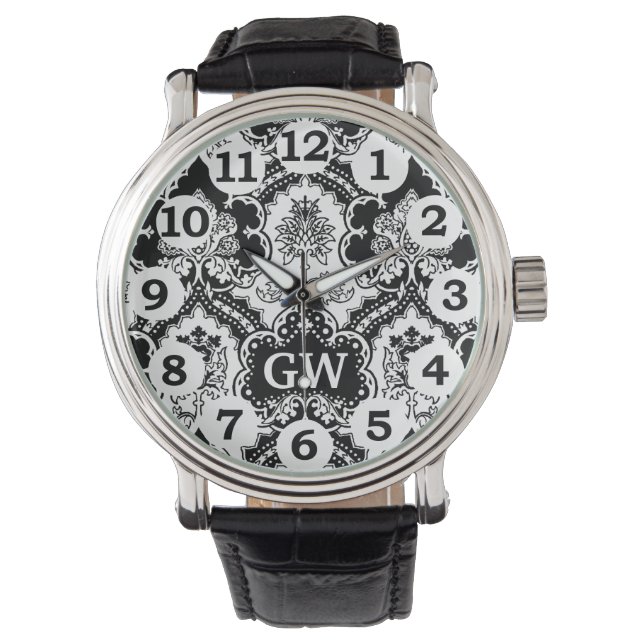 Classy Masculine Black White Damask Monogram Watch (Front)