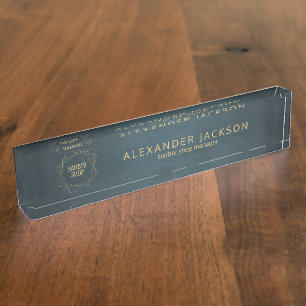 Classy masculine navy gold barber shop manager nameplate