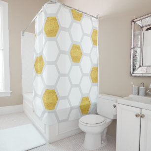 Classy Matte Gold & White Hexagons Modern Shower Curtain