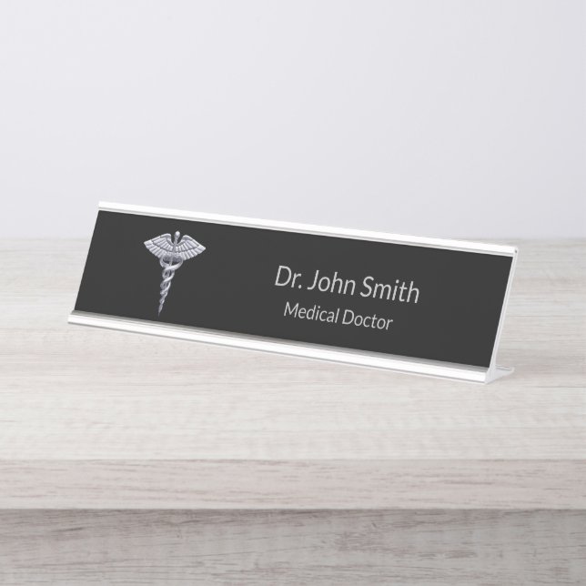 Classy Medical Caduceus Silver on Black Desk Name Plate (Front)
