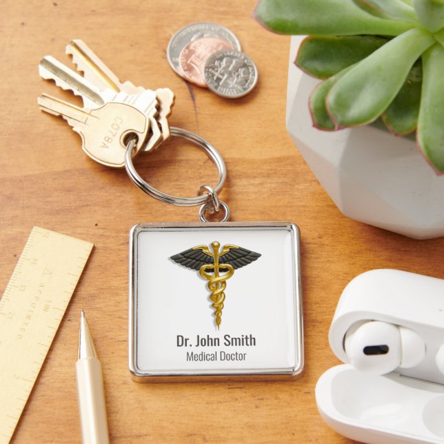 Classy Medical Elegant Gold Caduceus Black Wings Key Ring (Desk)