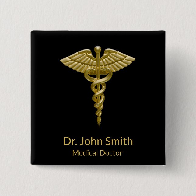 Classy Medical Gold Caduceus on Black - Button (Front)