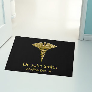 Classy Medical Gold Caduceus on Black - Doormat
