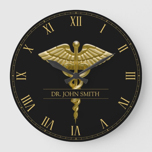 Classy Medical Gold Caduceus on Black Large Clock (Front)