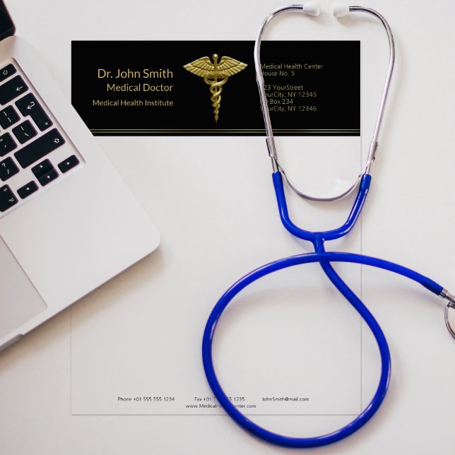 Classy Medical Gold Caduceus on Black - Letterhead Template (Creator Uploaded)