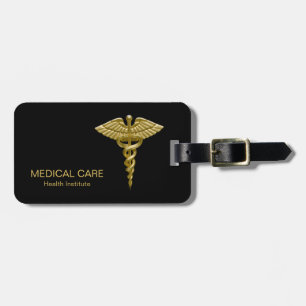 Classy Medical Gold Caduceus on Black Luggage Tag
