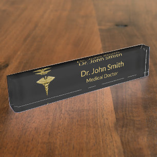 Classy Medical Gold Caduceus on Black - Nameplate