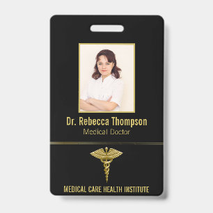 Classy Medical Gold Caduceus on Black Photo ID Badge