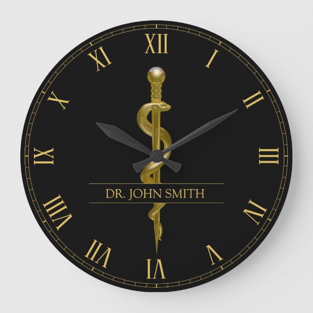 Classy Medical Rod of Asclepius Gold on Black Large Clock (Front)
