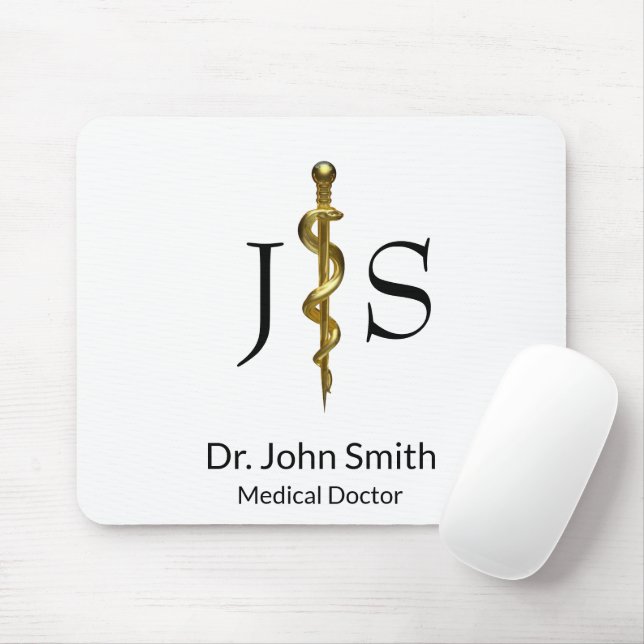 Classy Medical Rod of Asclepius Gold on White Mouse Pad (With Mouse)