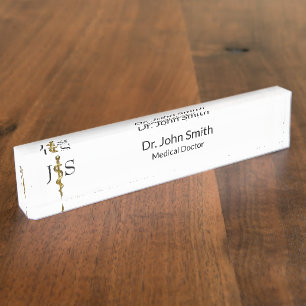 Classy Medical Rod of Asclepius Gold on White Nameplate