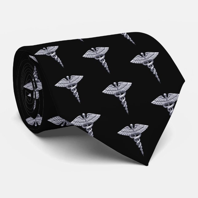 Classy Medical Silver Caduceus on Black Pattern Tie (Rolled)