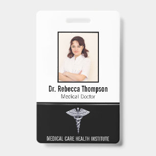 Classy Medical Silver Caduceus on Black Photo ID Badge