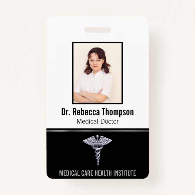Classy Medical Silver Caduceus on Black Photo ID ID Badge (Front)