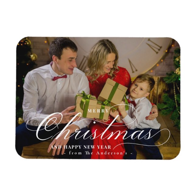 Classy Merry Christmas Happy New Year Custom Photo Magnet (Horizontal)