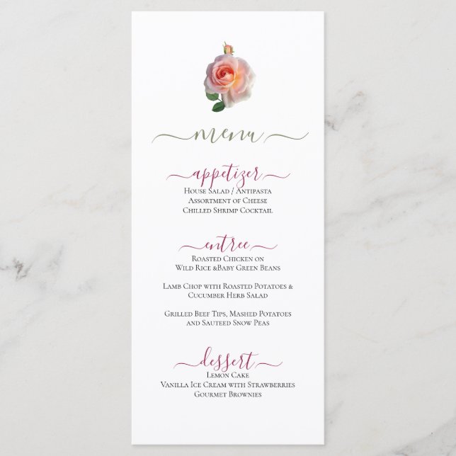 Classy Minimal Pink Rose Design Flat Menu (Front)