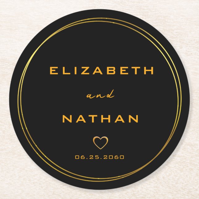 Classy Minimalist Black & Gold Wedding  Round Paper Coaster (Front)