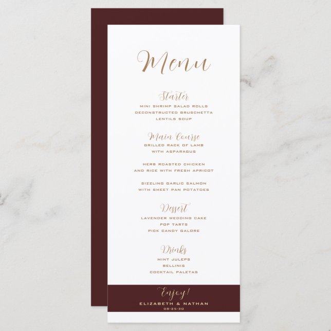 Classy Minimalist Burgundy & Gold Wedding Menu (Front/Back)