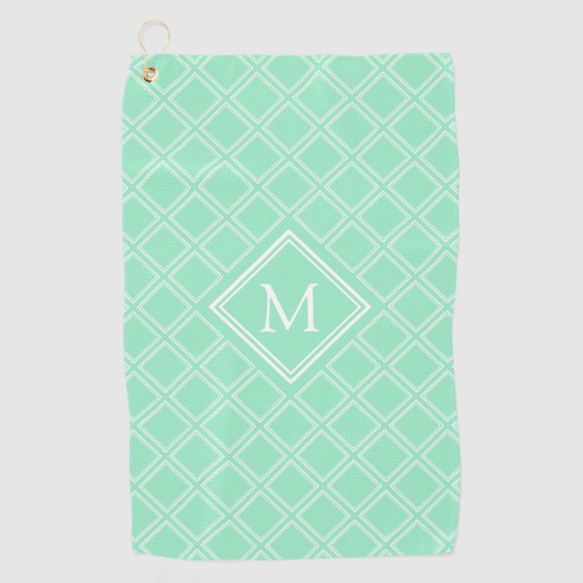 Classy Mint and White Diamond Pattern Monogram Golf Towel (Front)