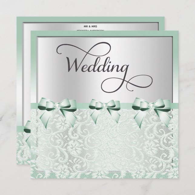 Classy Mint Green Bows & Lace Wedding Invitation (Front/Back)