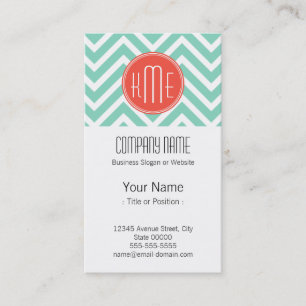 Classy Mint Green Chevron and Orange Monogram Business Card