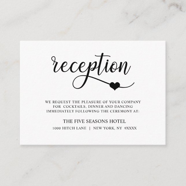 Classy Modern Black White Heart Wedding RECEPTION Enclosure Card (Front)