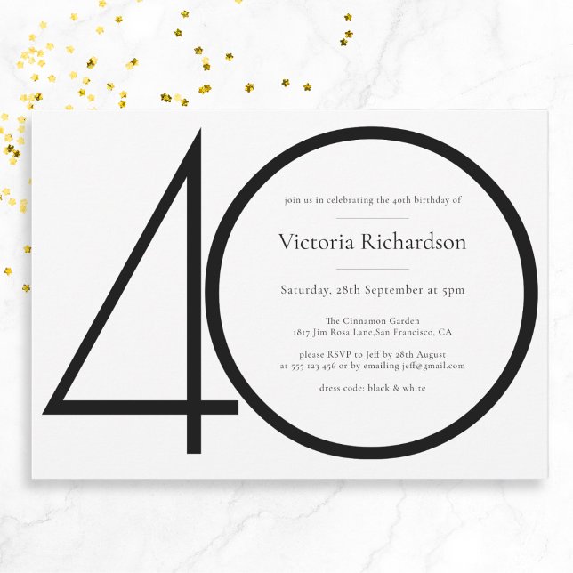 Classy Modern Black White Minimalist 40th Birthday Invitation (Mockup View)